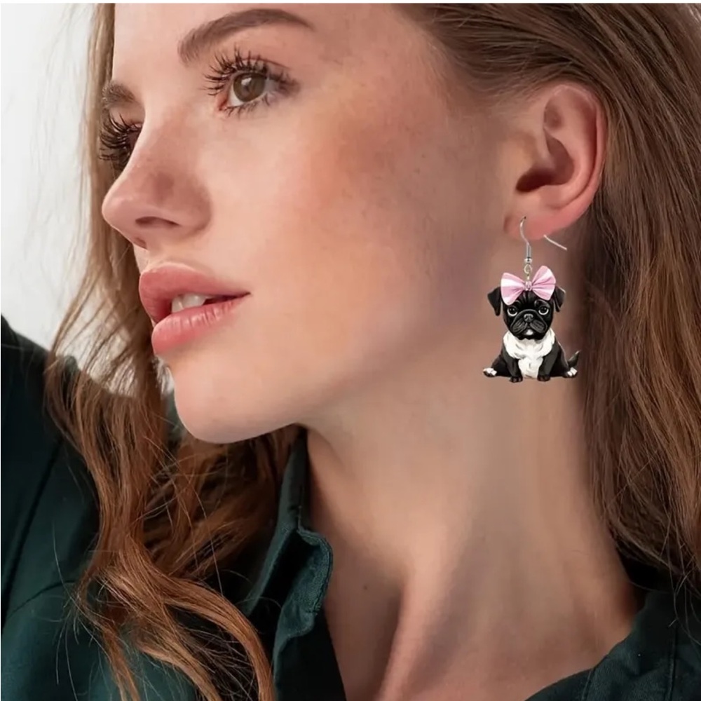 Adorable Pug Earrings with Pink Bow - Picture 2 of 5